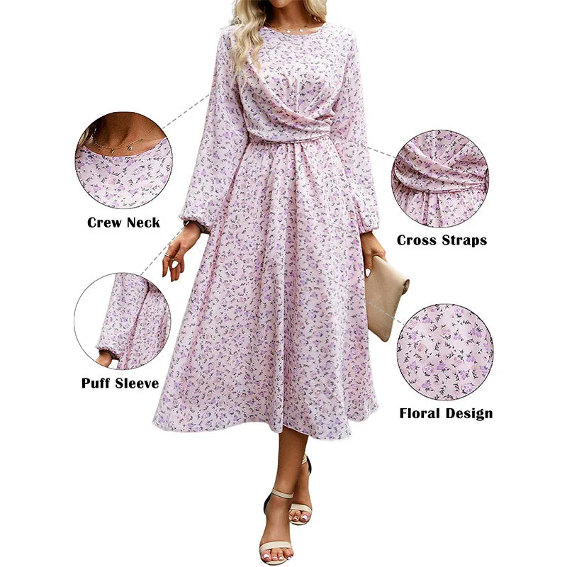 Hanerdun Women Floral Belted Dress Female Long Sleeve A-Line Midi Party Dress