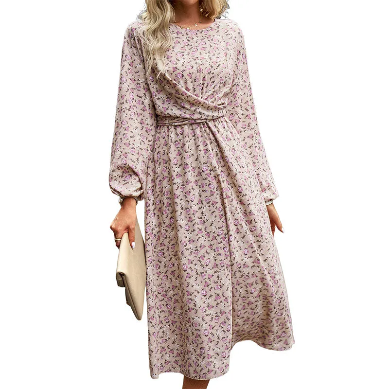 Hanerdun Women Floral Belted Dress Female Long Sleeve A-Line Midi Party Dress