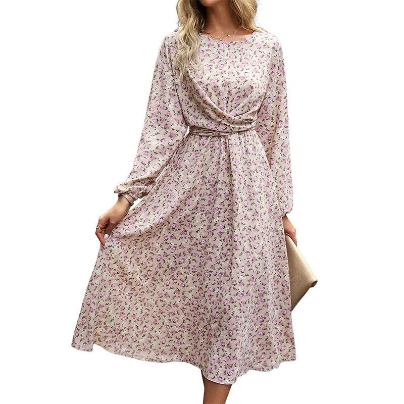 Hanerdun Women Floral Belted Dress Female Long Sleeve A-Line Midi Party Dress