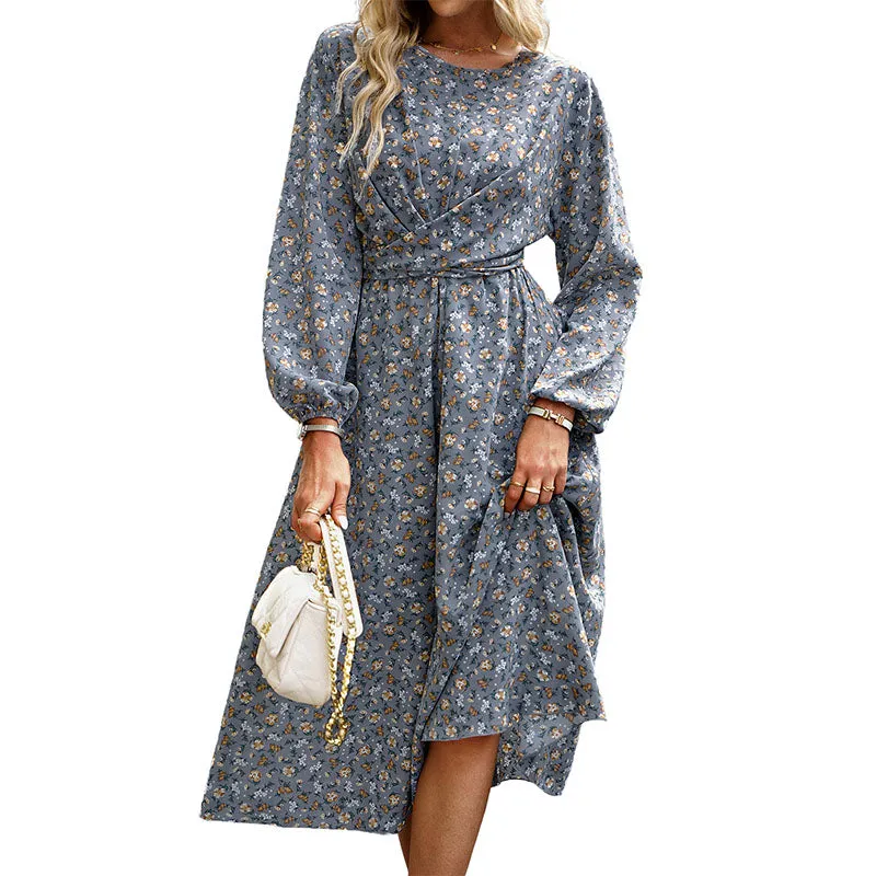 Hanerdun Women Floral Belted Dress Female Long Sleeve A-Line Midi Party Dress