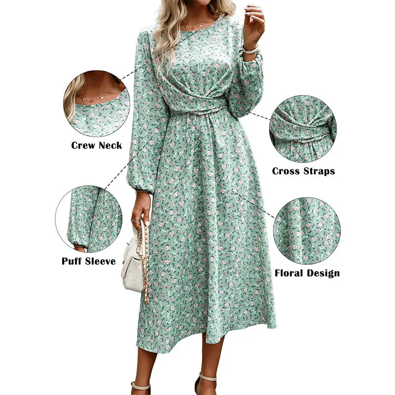 Hanerdun Women Floral Belted Dress Female Long Sleeve A-Line Midi Party Dress