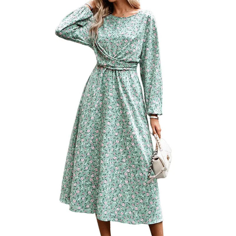 Hanerdun Women Floral Belted Dress Female Long Sleeve A-Line Midi Party Dress