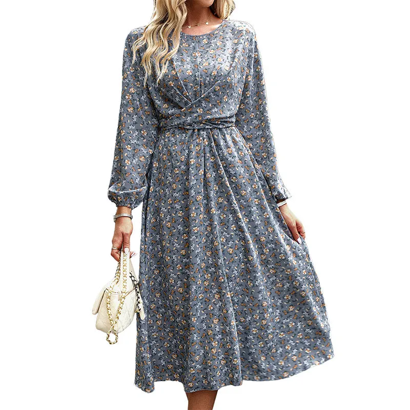 Hanerdun Women Floral Belted Dress Female Long Sleeve A-Line Midi Party Dress