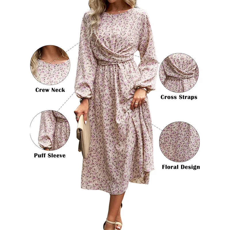Hanerdun Women Floral Belted Dress Female Long Sleeve A-Line Midi Party Dress