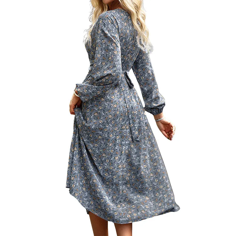 Hanerdun Women Floral Belted Dress Female Long Sleeve A-Line Midi Party Dress