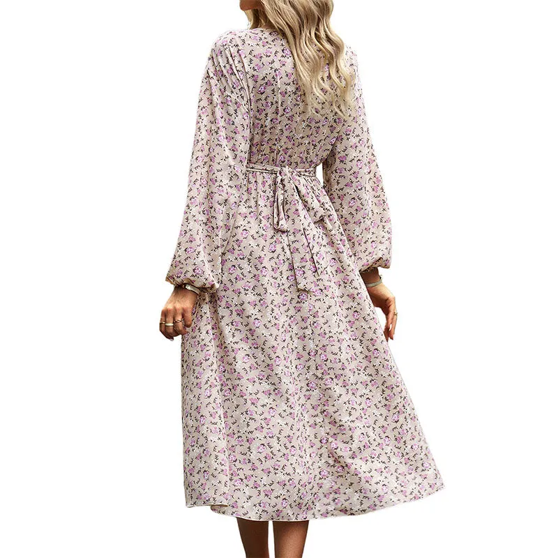 Hanerdun Women Floral Belted Dress Female Long Sleeve A-Line Midi Party Dress