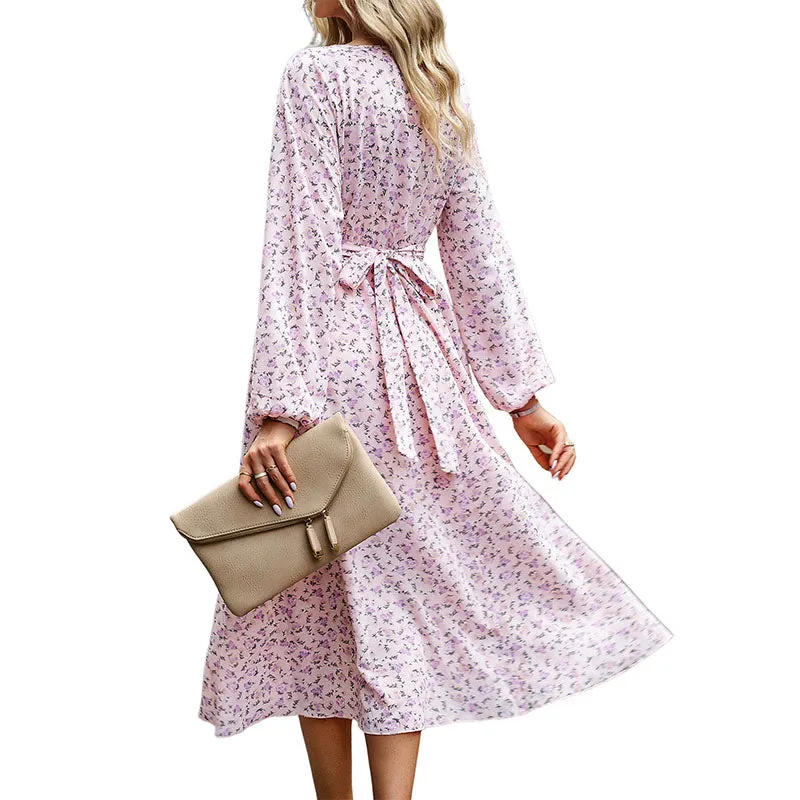 Hanerdun Women Floral Belted Dress Female Long Sleeve A-Line Midi Party Dress
