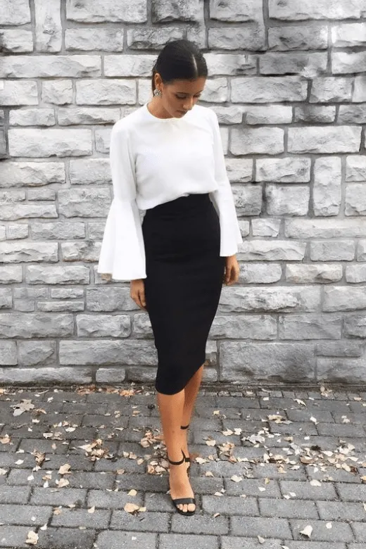 High Waist Leather Pencil Skirt Midi Length - Metallic Black