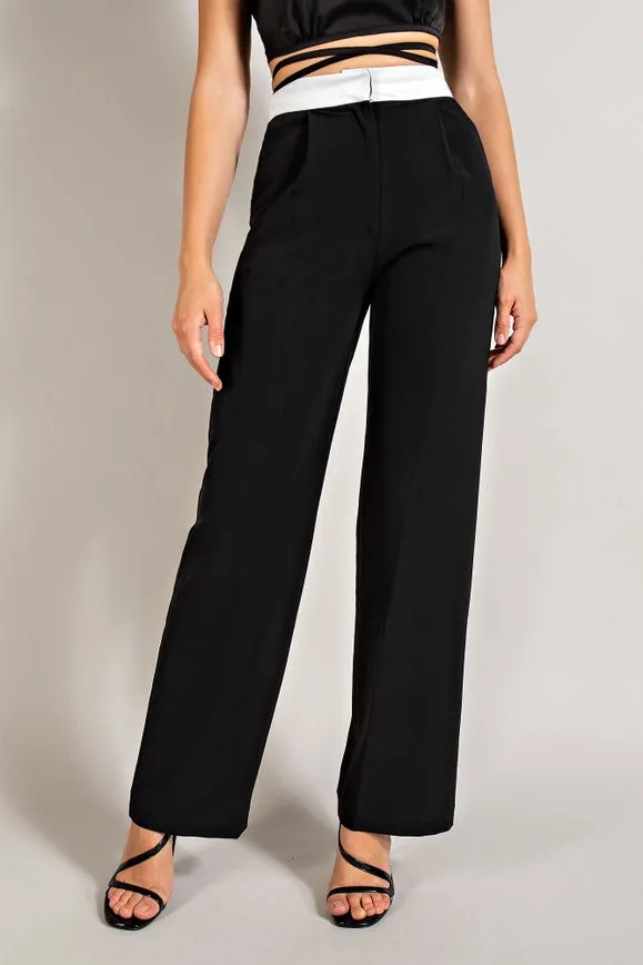 High Waisted Twill Trousers w/ Waist Contrast BLK/WHT