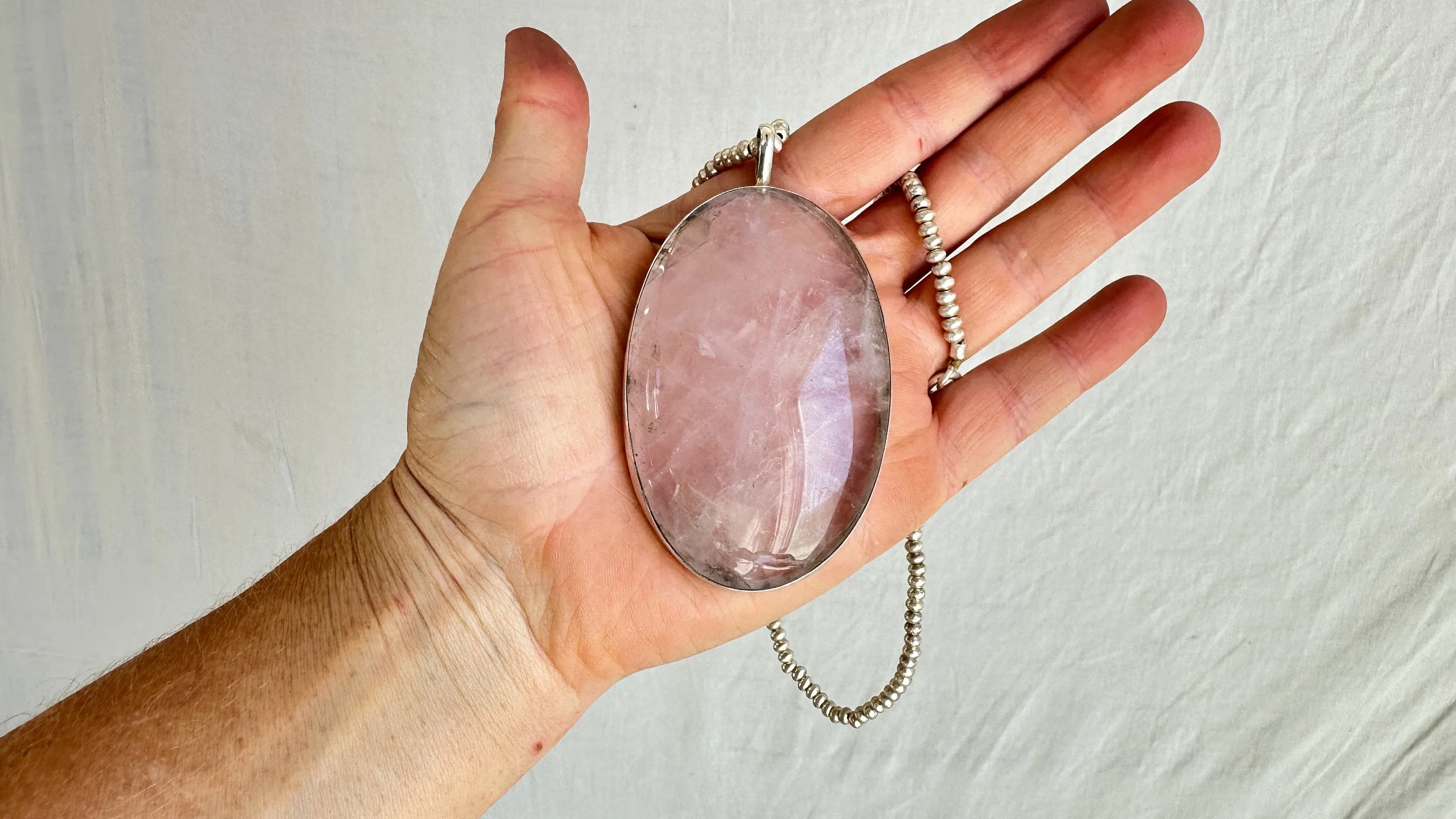 Huge Rose Quartz & Silver Pendant Necklace. SCRATCH N DENT. 2337