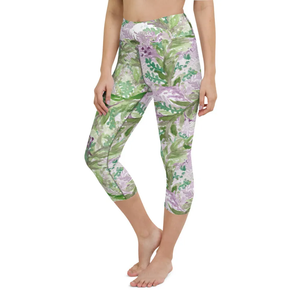 Lavender Yoga Capri Leggings, Floral Lavender Print Best Designer Women's Yoga Capri Leggings