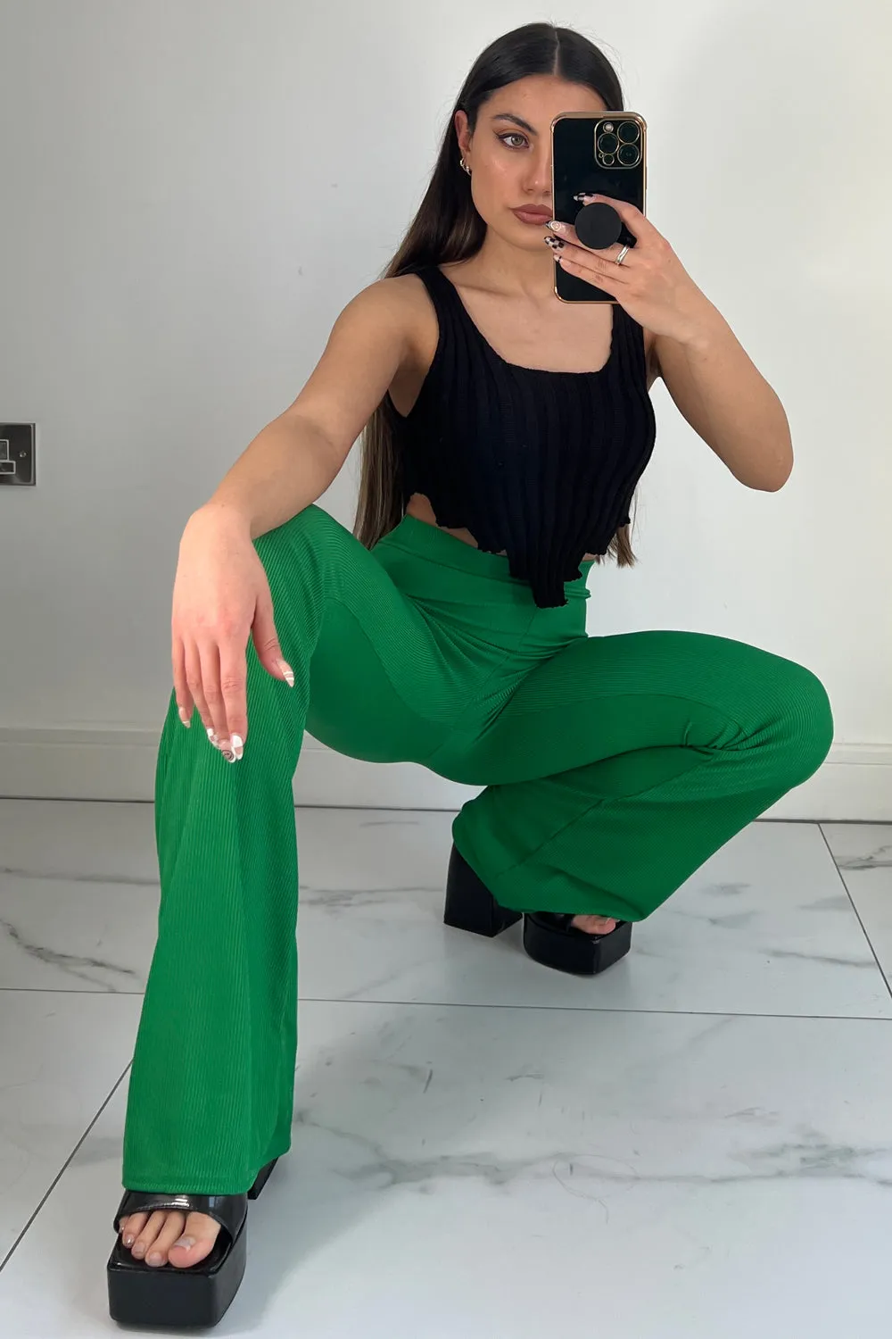 Naomi Green Ribbed Flared Trousers