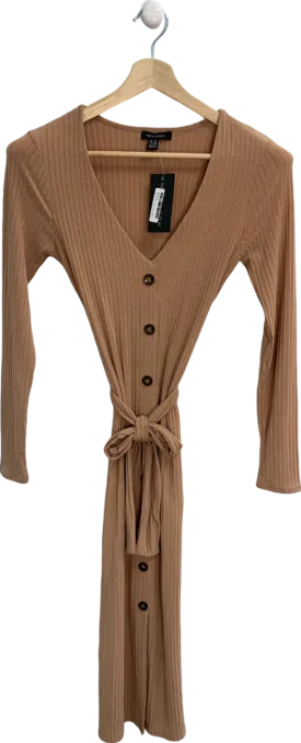 New Look Camel Rib Button Tie Belt Dress UK 10