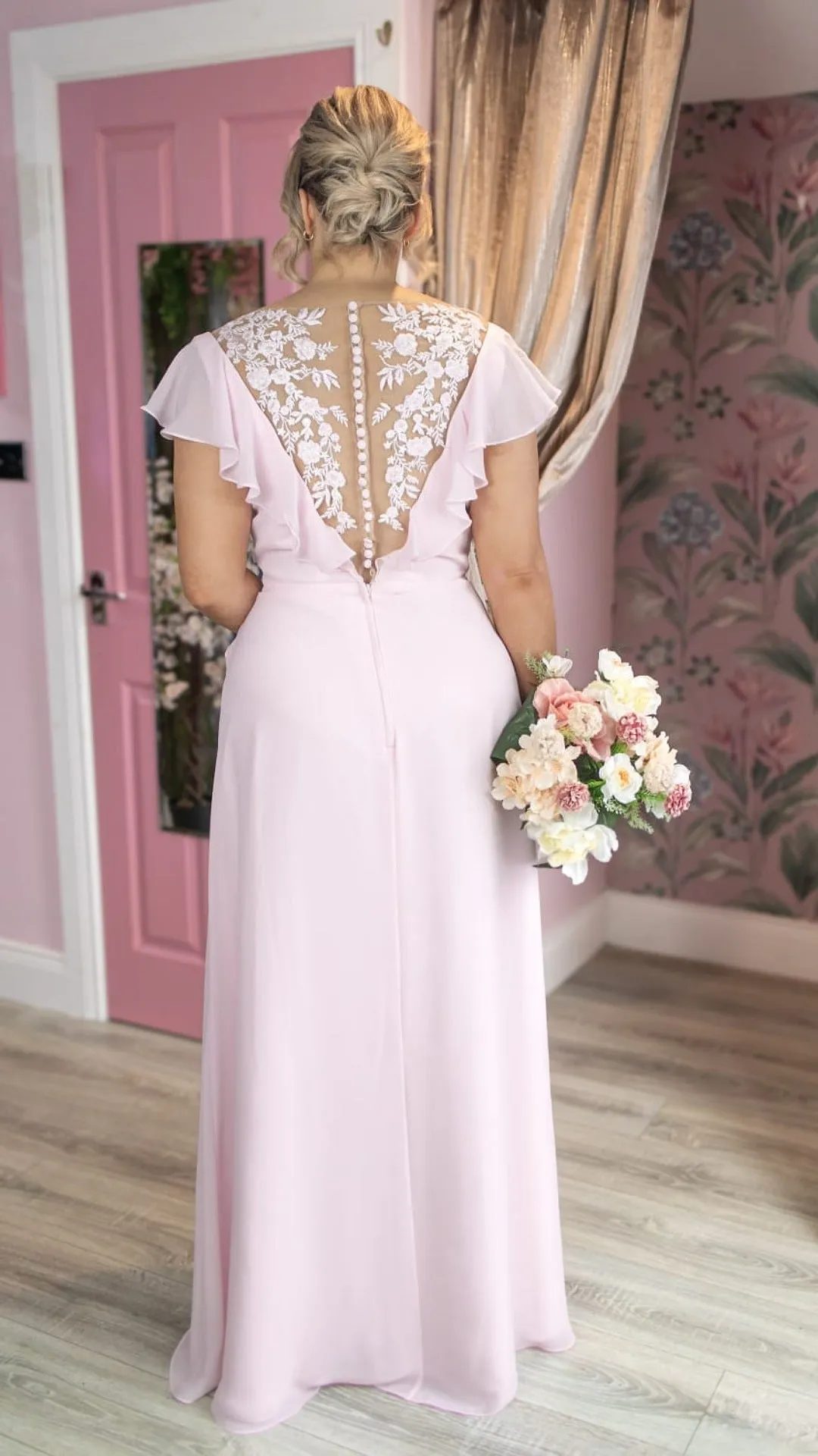 Orla Pink Ruffle Sleeve Laced Button Up Back Bridesmaid Dress