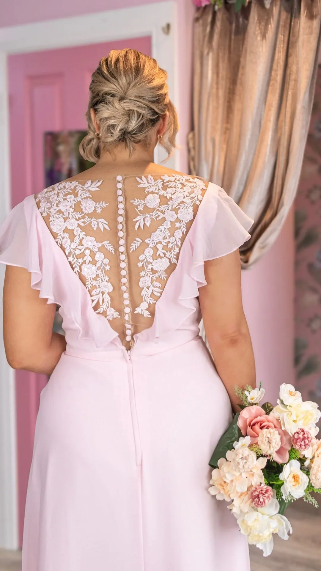 Orla Pink Ruffle Sleeve Laced Button Up Back Bridesmaid Dress
