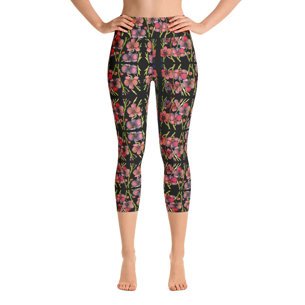 Pink Orchids Yoga Capri Leggings, Best Floral Print Women's Capris Tights-Made in USA/EU