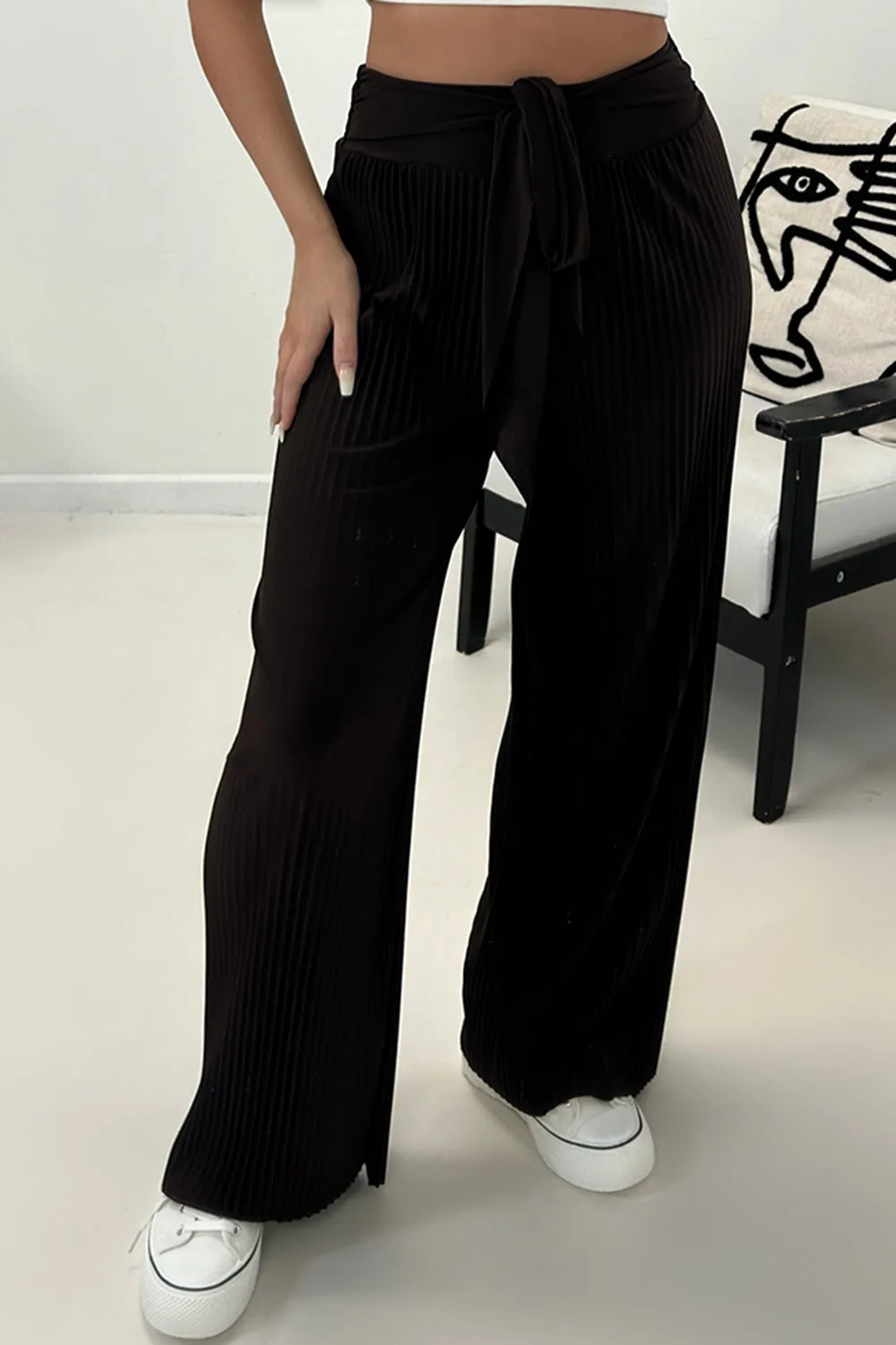 Teagan Black Slinky Plisse Tie Waist Wide Leg Trousers