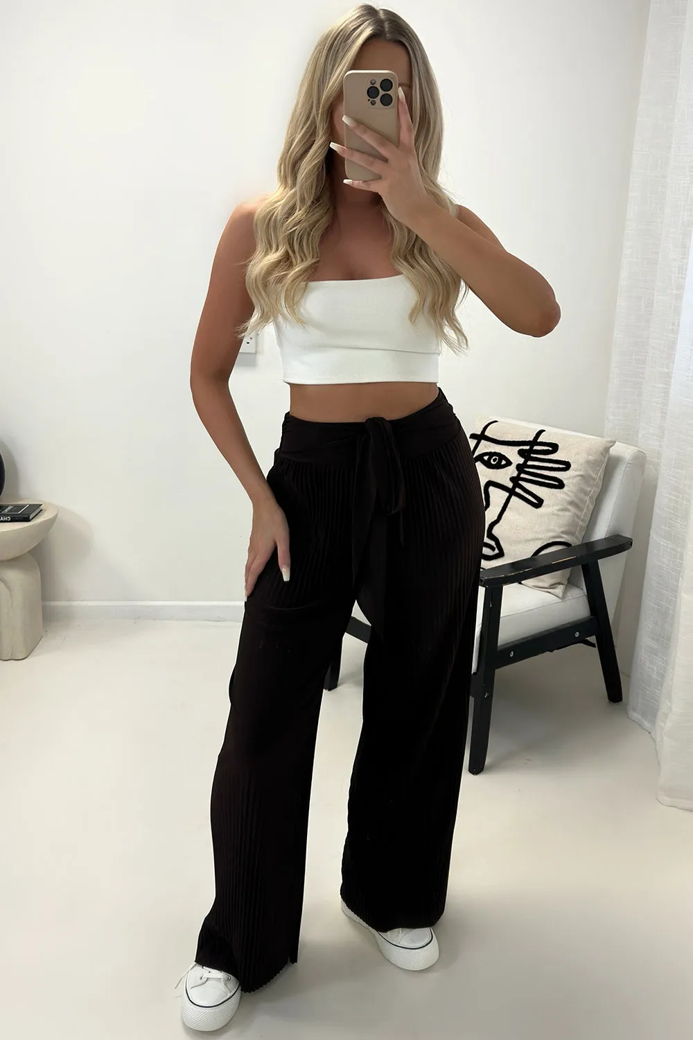 Teagan Black Slinky Plisse Tie Waist Wide Leg Trousers