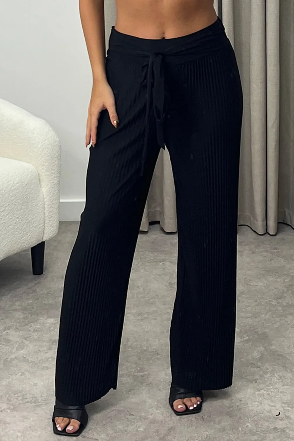 Teagan Black Slinky Plisse Tie Waist Wide Leg Trousers