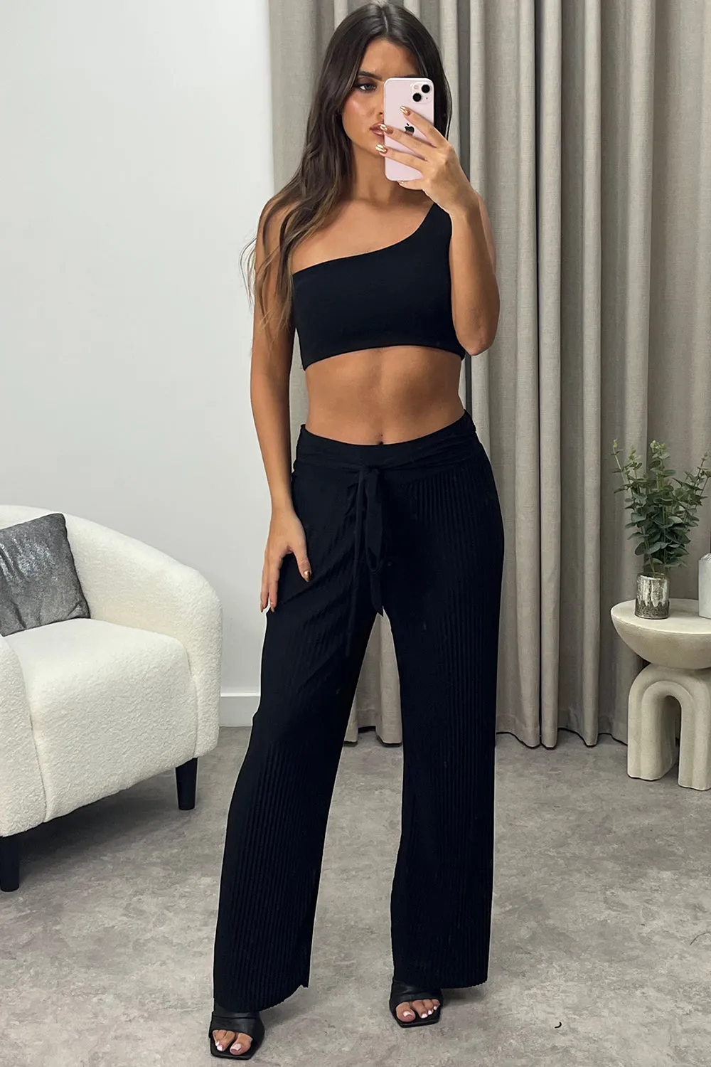 Teagan Black Slinky Plisse Tie Waist Wide Leg Trousers