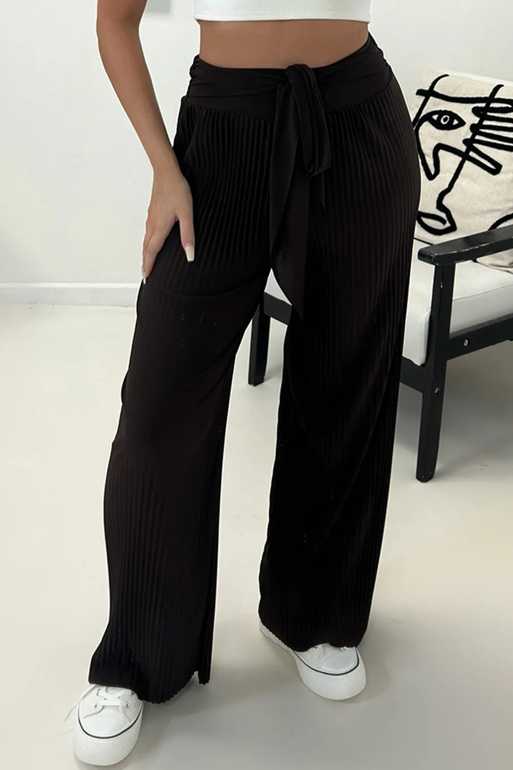 Teagan Brown Slinky Plisse Tie Waist Wide Leg Trousers