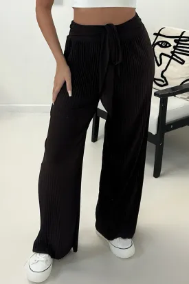 Teagan Brown Slinky Plisse Tie Waist Wide Leg Trousers