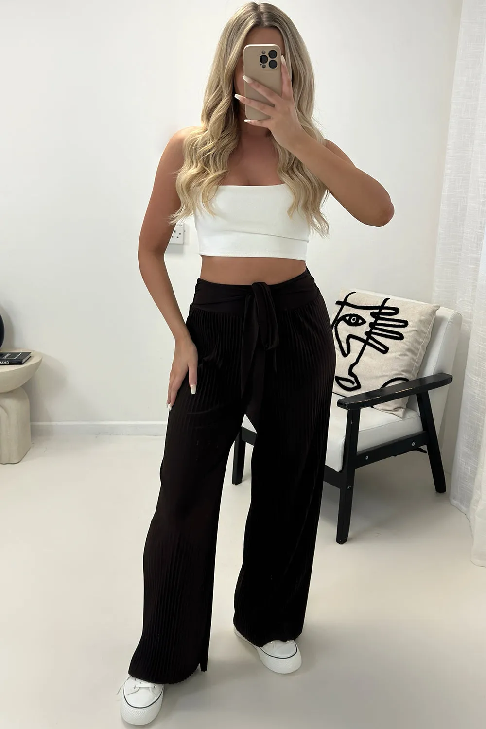 Teagan Brown Slinky Plisse Tie Waist Wide Leg Trousers