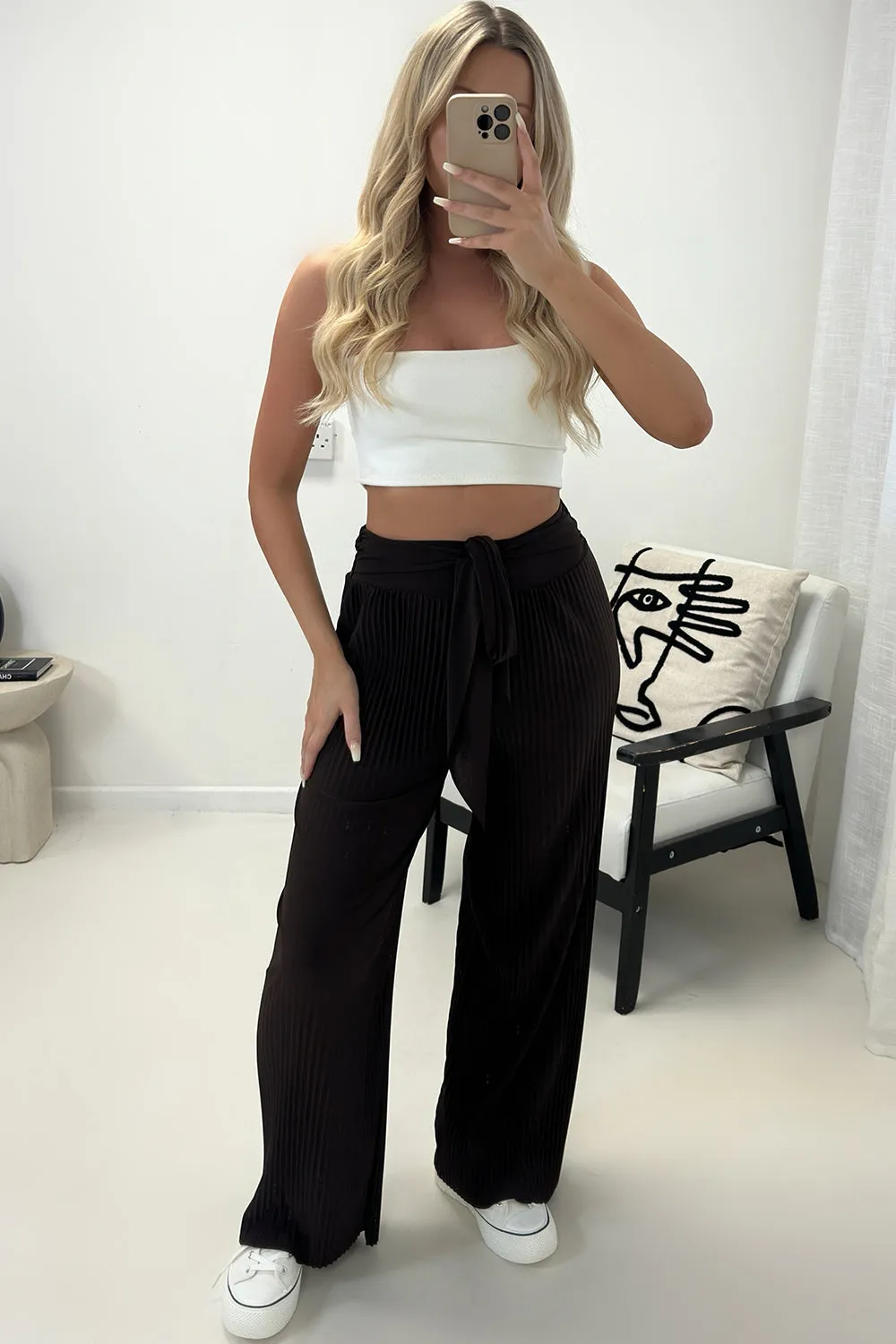 Teagan Brown Slinky Plisse Tie Waist Wide Leg Trousers