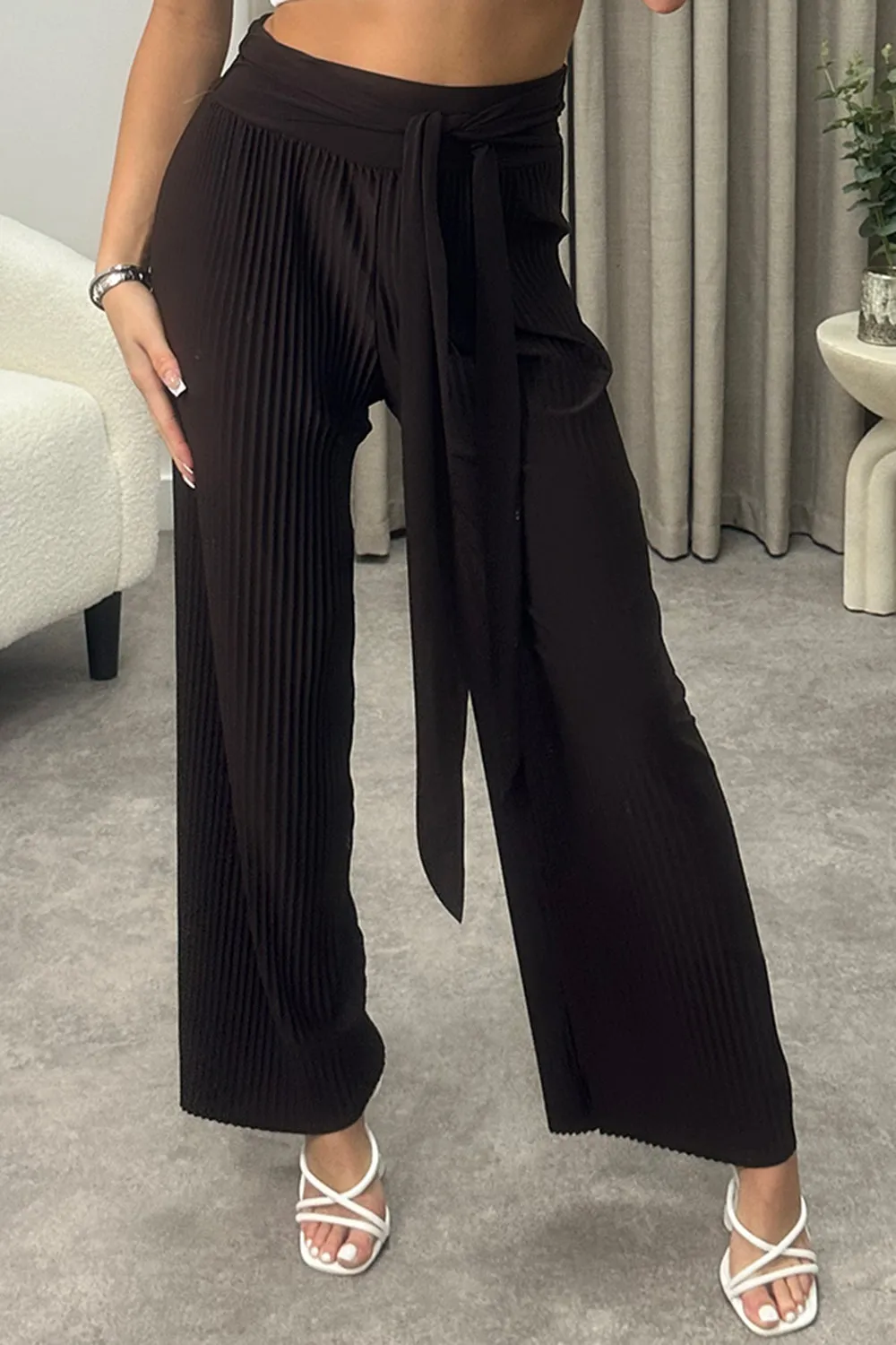 Teagan Brown Slinky Plisse Tie Waist Wide Leg Trousers