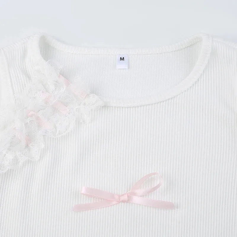 White Lace Spliced Tie Up Bow Short Top