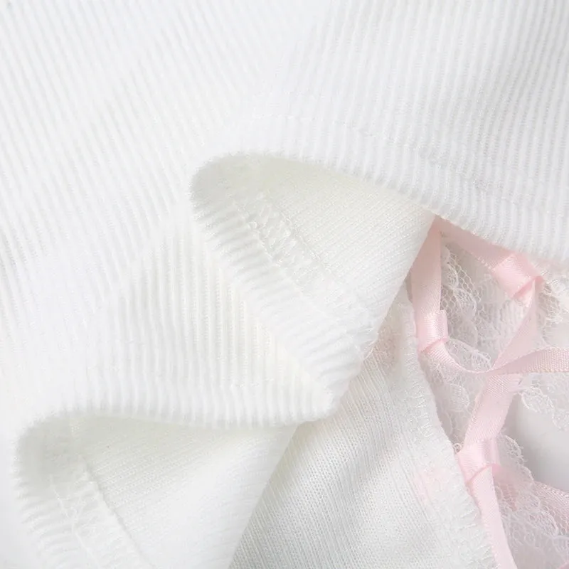 White Lace Spliced Tie Up Bow Short Top