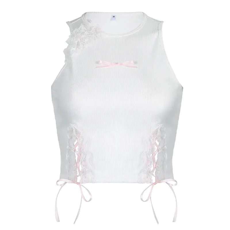 White Lace Spliced Tie Up Bow Short Top