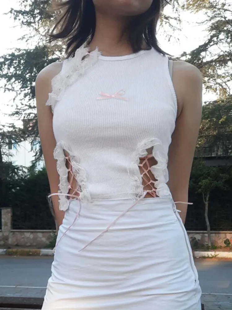 White Lace Spliced Tie Up Bow Short Top